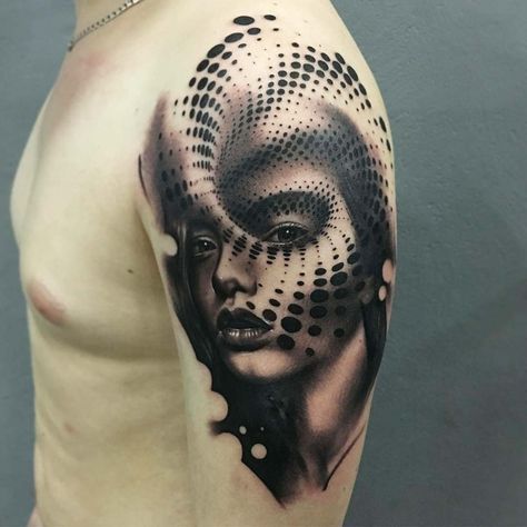 shoulder portrait tattoo geometry Halftone Portrait, Cool Shoulder Tattoos, Optical Illusion Tattoo, Girl Face Tattoo, Sacred Geometry Tattoo, Tattoo Zeichnungen, Geometry Tattoo, Tattoo Collection, Tattoo Girls