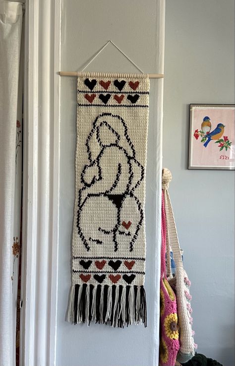 Tapestry Bedroom Crochet, Christian Tapestry Crochet, Funny Crochet Tapestry, Crochet Wall Tapestry, Tapestry Crochet Wall Hanging, 8 Bit Crochet, Outline Of A Woman, Graphic Crochet, Tapestry Hanger