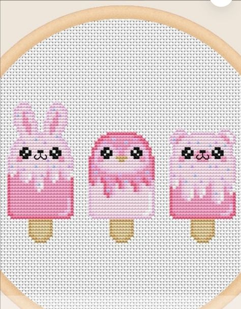 Ice Cream Cross Stitch Pattern, Kawaii Cross Stitch, Disney Cross Stitch Patterns, Tiny Cross Stitch, Fuse Bead Patterns, Disney Cross Stitch, Beaded Cross Stitch, Pixel Art Pattern, Perler Bead Art