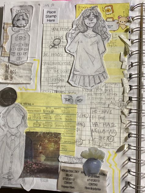 Sketchbook Information Page, Sketch Book Page Ideas Drawings, Cluttered Sketchbook Pages, Themed Sketchbook Pages, Cluttered Sketchbook, 80s Sketchbook, Messy Sketchbook Pages, Cool Sketchbook Pages, Messy Sketchbook Aesthetic