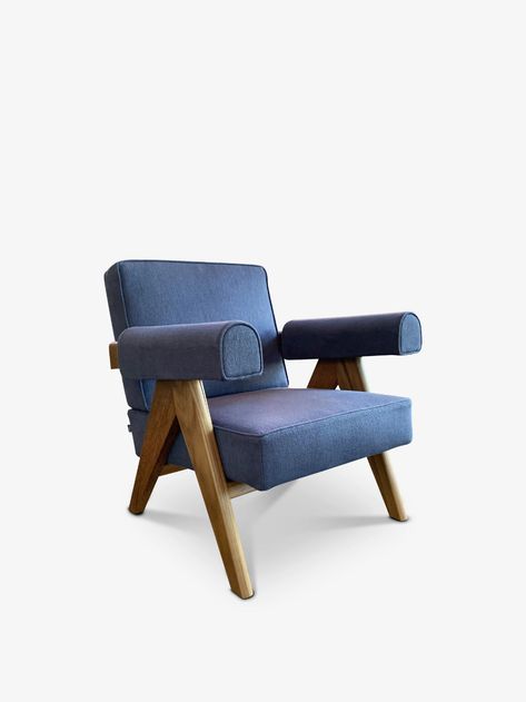 Cassina Pierre Jeanneret Reissue 1960 Teak Capitol Complex Armchair in Teak with Blue Fabric– MONC XIII Greenwich Ct, Pierre Jeanneret, Meeting Rooms, Lighting Home, Teak Frame, Sag Harbor, Meeting Room, Chandigarh, Home Store