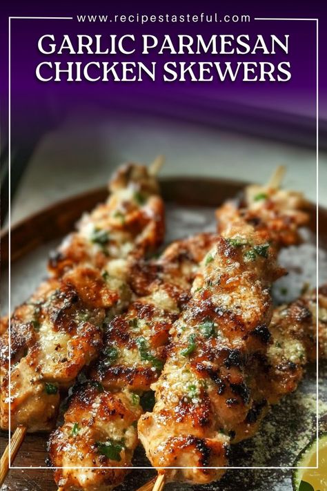 Juicy chicken skewers coated in a rich garlic Parmesan butter sauce, perfect for grilling, baking, or air frying. These flavorful skewers are a hit at any gathering or family dinner! Chicken On A Stick Recipe Skewers, Oven Chicken Skewers, Meat Skewers Appetizers, Garlic Parm Chicken Skewers, Grilled Skewers Ideas, Baked Kabobs, Ground Chicken Skewers, Baked Chicken Skewers, Chicken Skewers Recipes