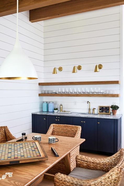 Design Ideas for Wall-Mounted Floating Shelves | HGTV Oak Floating Shelves, House Basement, Floating Shelf Decor, White Shiplap Wall, Home Bar Design, Home Bar Ideas, Shiplap Accent Wall, Basement Reno, White Shiplap