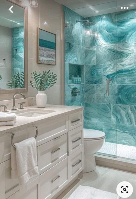 Showers Design Ideas, Teal Bathroom Ideas Colour Schemes, Beach Small Bathroom Ideas, Beach Bathroom Tile Ideas, Remodeling A Small Bathroom, Coastal Walk In Shower Ideas, Big Tiles In Shower, White And Light Blue Bathroom, Ocean Aesthetic Bathroom