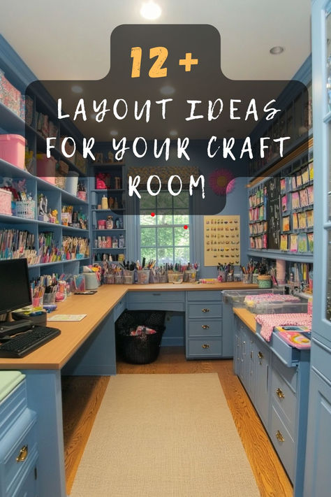 Need a creative spark for your craft space? Click to explore 12 craft room layout ideas that maximize creativity and organization. Design your dream workspace today! 🎨✂️ #CraftRoomDesign #CreativeSpace #OrganizationIdeas #WorkspaceInspo #HomeCrafts Scissor Organization Ideas, Craft Cupboard Ideas, Resin Craft Room Organization, Crafting Desk Organization, Scrapbook Room Designs, Craft Pegboard Organization, Craft Cupboard Organization, Sewing Room Ideas Layout, Craftroom Ideas Work Spaces