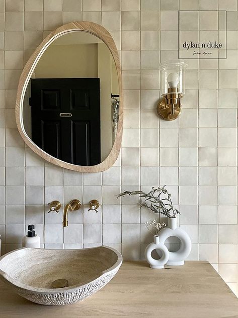 Japandi Mirror Bathroom, Small Entryway Mirror Ideas, Organic Wood Mirror, Unique Bathroom Mirror Ideas, Organic Home Decor Natural, Wall Mirror Aesthetic, Bathroom Mirror Wood, Boho Wall Mirror, Guest Restroom