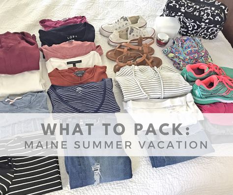 Today I'm sharing my much-anticipated (haha!) Maine summer vacation packing post. I always feel like a fraud when I create packing posts because I am probably the world's worst over-packer. But hey! I always have all the options I need. In fact, when I do try to pack light and leave some things behind, I always regret it. So anyway, for what they're worth, here are my best Maine vacation packing tips as well as what I packed for this particular trip. Travel Outfit Summer Road Trips, Summer Vacation Packing, Summer Road Trips, Maine Summer, Summer Vacation Style, Maine Vacation, Road Trip Packing, Maine Travel, Lake Vacation