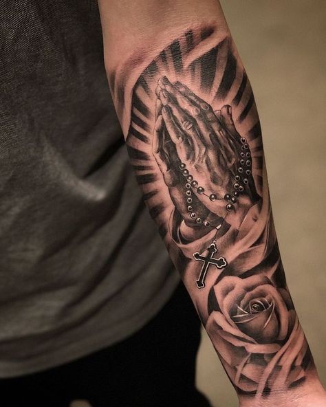 Religious Tattoo Sleeves, Dark Angel Tattoo, Praying Hands Tattoo, Rosary Tattoo, Christian Sleeve Tattoo, Men Tattoos Arm Sleeve, Forarm Tattoos, Forearm Sleeve Tattoos, Religious Tattoo