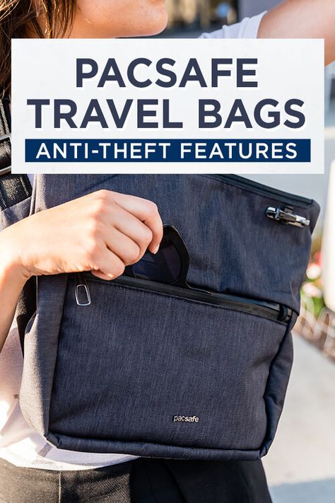 Pacsafe Anti-Theft Features #antitheft #pacsafe #packsafebags Anti Theft Travel Purse, Travel Pants Women, Best Travel Luggage, Stylish Travel Bag, Anti Theft Bag, Sling Pack, Travel Pants, Mens Travel Bag, Travel Products