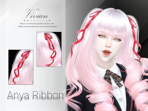 The Sims Resource - Anya Ribbon (Hat) Sims 4 Cc Ribbon Hair, Sims 4 Ribbon Hair, Sims 4 Ribbon, Sims 4 Cc Pigtails, Sims 4 Pigtails, Masculine Clothing, Sims 4 Anime, Face Piercings, Pigtail Hairstyles