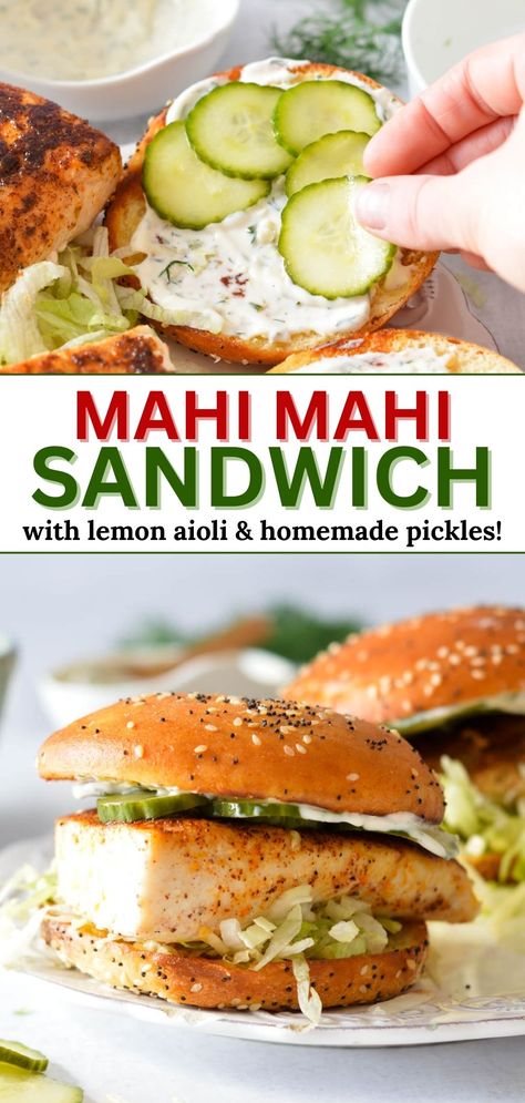 mahi mahi sandwich with pickles and lemon aioli Mahi Burger Toppings, Blackened Mahi Mahi Sandwich, Healthy Fish Sandwich, Mahi Mahi Burger Trader Joes, Mahi Mahi Sandwich Recipes, Healthy Fish Sandwich Recipes, Blackened Fish Sandwich, Tilapia Sandwich Recipes, Grilled Fish Sandwich Recipes