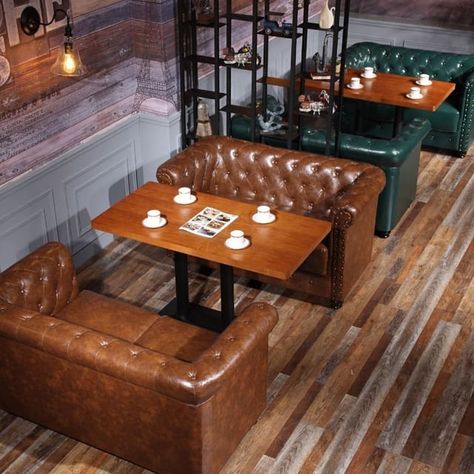 Beautiful cafe arrangement with Leather Chesterfield sofa for perfect comfort with feel of luxury.  #leathersofa #leather #furniture… Industrial Furniture Wood, Brown Sofa Set, Wood Restaurant, Architecture Art Nouveau, Woods Restaurant, Industrial Style Furniture, Industrial Coffee, Leather Chesterfield Sofa, Vintage Industrial Decor