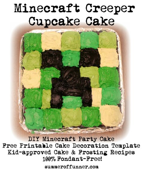 Minecraft Creeper Cupcake Cake with Printable Cake Decoration Template and Kid-Approved Cupcake and Frosting Recipes 100 Percent Fondant Free Cupcakes Decoration For Kids, Minecraft Cake Ideas, Minecraft Creeper Cake, Creeper Cake, Minecraft Cupcakes, Minecraft Birthday Cake, Easy Minecraft Cake, Ideas Cupcakes, Diy Minecraft