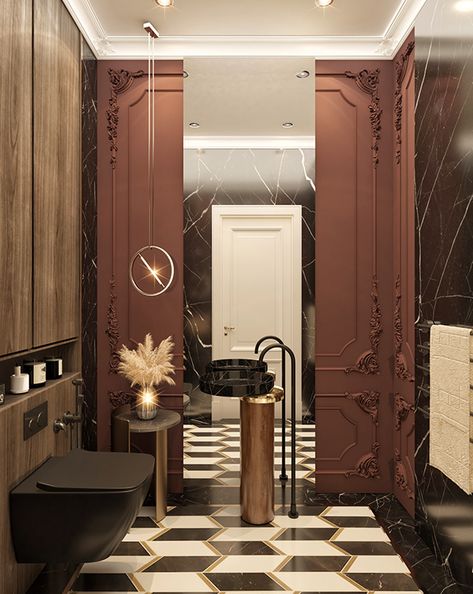 Guest Bathroom on Behance Neo Classical Bathroom Design, Classic Guest Bathroom, Bathroom Luxury Modern, Neoclassical Bathroom, Hotel Room Bathroom, Neoclassic Interior, Small Toilet Room, Washbasin Design, Bathroom Inspiration Modern