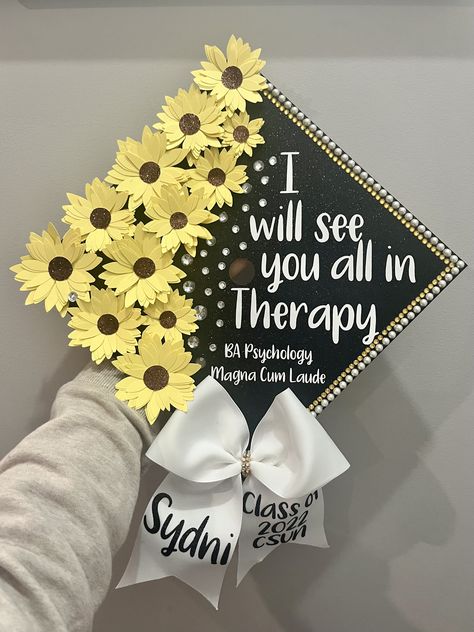 See you all in therapy glitter graduation cap Grad Cap Inspo Psychology, See You In Therapy Grad Cap, Future Pt Graduation Cap, Social Work Grad Cap Ideas, Graduation Cap Designs Therapist, Cap Decoration Graduation College Psychology, Ba In Psychology Grad Cap, Friends Themed Graduation Cap, Graduation Cap Designs Speech Pathology