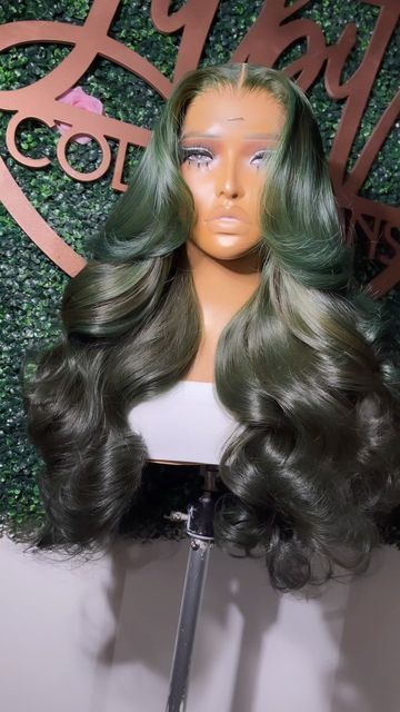 Green And Black Hair Black Women, Olive Green Hair Color Black Women, Green Wig Hairstyles, Wig With Green Highlights Black Women, Green Frontal Wig Install, Olive Green Lace Front Wig, Green Wigs Black Women, Black And Green Lace Front Wigs, Green Hair Black Women