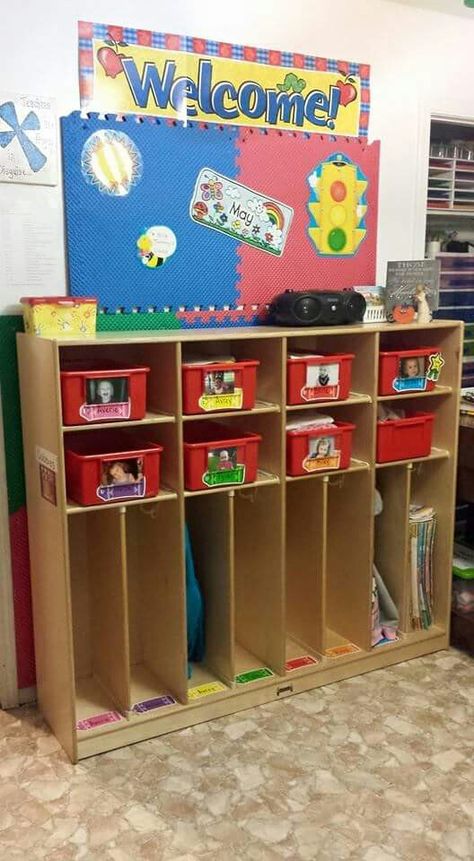 Cubbies Daycare Cubbies Ideas, Classroom Cubby Ideas, Daycare Cubbies, Preschool Cubbies, Cubby Ideas, Early Learning Environments, Front Closet, S Names, Daycare Room