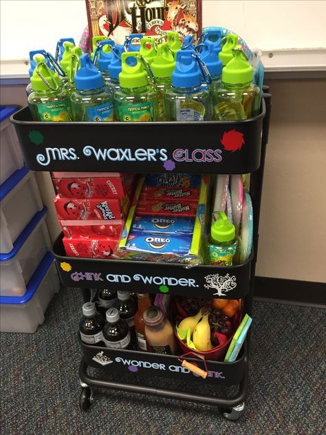 #classroompartycart #DrSuess Teacher appreciation station. staff celebration statio. n #ikeacart Ikea cart. snack cart. Silhouette cameo. Fruits and vegetables. Healthy snacks. Break room. Classroom. I made it with two sided wording. On the classroom cart unloaded it with everything need for a small classroom party. Juices boxes! A snack, picnic supplies, goodie bags Student Supply Cart, School Honor Roll Celebration Ideas, Classroom Self Care Station, School Snack Cart, Classroom Snack Station, Hydration Station Classroom, Sunshine Cart For Teachers, Snack Cart For Room, Snack Cart Ideas For Work