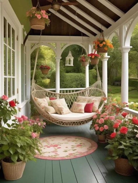 Hammock Porch Ideas, Rose Hanging Decor, Cottage House Backyard, Porch Hammock Ideas, Cottage Core Porch, Porch Reading Nook, House Porch Ideas, Porch Hammock, Backyard Cozy