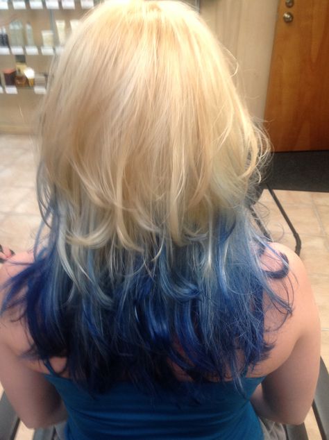 Blonde to Blue Ombre Blond Hair With Colored Tips, Blue Hair Tips Blonde, Navy Blue And Blonde Hair, Blue Hair Blonde Roots, Blue Hair On Blonde, Blonde And Dark Blue Hair, Blue Dip Dye Hair Blonde, Blue Peekaboo Hair Blonde, Blonde Hair Blue Streaks