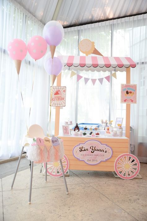 Ice Cream Stand + Bar from an Ice Cream Parlor Birthday Party via Kara's Party Ideas - KarasPartyIdeas.com (19) Ice Cream Parlor Party, Ice Cream Birthday Party Theme, Ice Cream Stand, Ice Cream Cart, Ice Cream Birthday Party, Ice Cream Theme, Ice Cream Birthday, Ice Cream Parlor, Icecream Bar