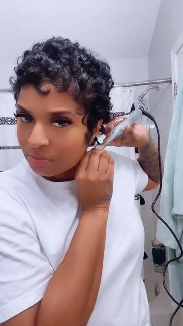 Short Curly Hair With Edges, Short Feminine Haircut Black Women, Flat Iron Pixie Hair, Curling Pixie Hair With Flat Iron, Short Hair Styles Curls, Short Pin Curls For Black Women, Short Jerry Curl Hairstyles, Short Curls Black Women, Pin Curl Pixie