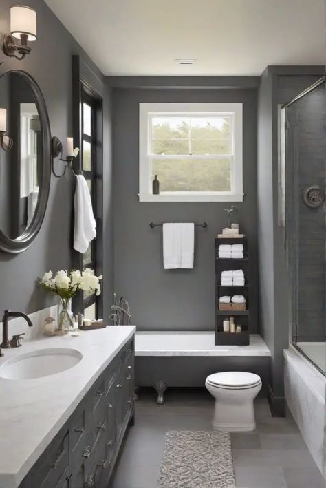 Dark Grey Wall Bathroom, Small Full Bathroom Paint Colors, Dark Gray Bathroom Walls, Bathroom Colors For Small Bathrooms, Dark Grey Bathroom Ideas, Bm Kendall Charcoal, Small Dark Bathroom, Grey Bathroom Paint, Paint Colors 2024