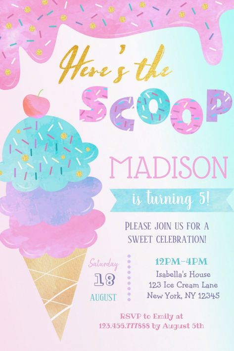 Ice Cream Birthday Party Invitations for Girls Ice Cream Birthday Party Ideas, Two Sweet Party, Ice Cream Birthday Party Invitations, Two Sweet Birthday Party, Ice Cream Invitation, Sweet Birthday Party, Two Sweet Birthday, 2nd Birthday Party For Girl, Girls Birthday Party Ideas