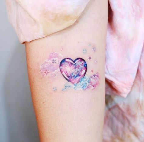 Korean Tattoo Ideas, Watercolor Heart Tattoos, Heart Tattoo Ankle, Korean Tattoo, Purple Tattoos, Gem Tattoo, Colorful Tattoos, Jewel Tattoo, Pastel Heart