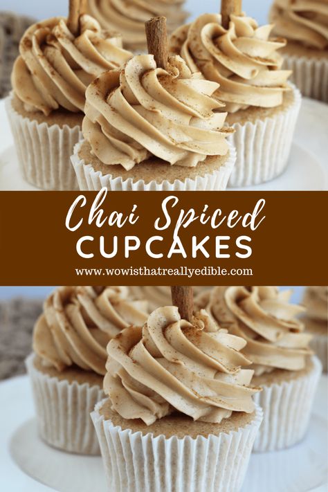 Vanilla Chai Cupcakes Recipes, Chai Spice Cupcake Recipes, Chai Cupcakes Recipe, Spiced Vanilla Chai Cake, Chai Vanilla Cake, Cinnamon Spice Cupcakes, Brown Butter Chai Cupcakes, Chai Spice Cupcakes, November Deserts