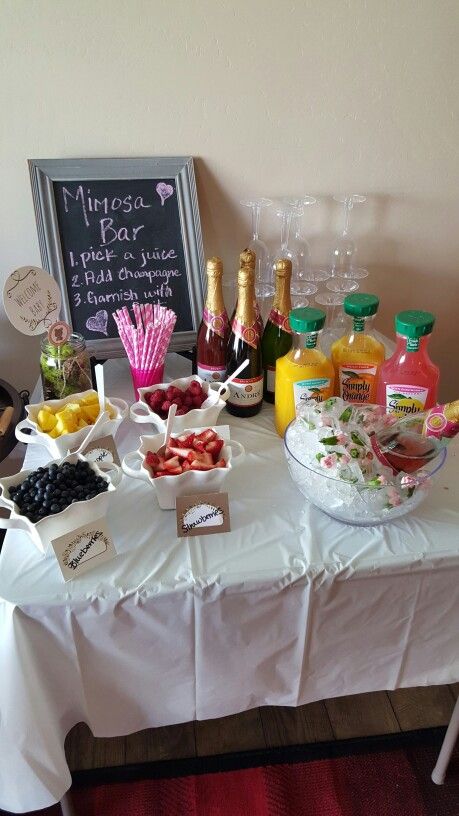 Mimosa Bar Sip And See Mimosa Bar, Virgin Mimosa Bar Ideas, At Home Mimosa Bar, Wedding Morning Breakfast Ideas Mimosa Bar, Simple Bar Set Up For Party, Mimosa Bar Ideas Brunch Party Food, Pink Mimosa Bar, Virgin Mimosa Bar, Non Alcoholic Mimosa Bar