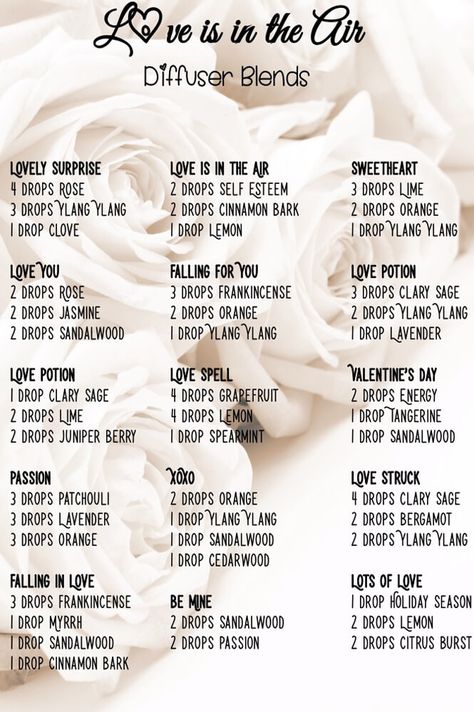 Besides smelling amazing and helping with romance, these Love is in the Air diffuser blends can have many benefits on the body such as calming, & relaxing. Perfume Diffuser Blends, Oil Mixtures For Diffuser, Love Essential Oil Blend, Aphrodisiac Diffuser Blends, Romantic Diffuser Blends, Eclectic Candles, Essential Oil Perfumes Recipes, Healing Tips, Essential Oil Combinations