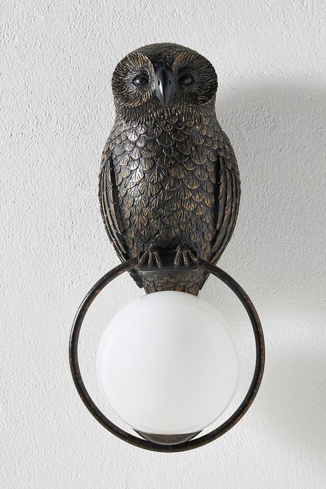 Woodland Owl Sconce | Anthropologie Woodland Owl, Owl Wall, Unique Bathroom, Cabin Ideas, Gold Highlights, Electrical Outlets, Bathroom Essentials, Milk Glass, Color Coding