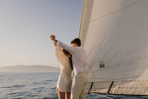 Old Money Boat Aesthetic, Sailboat Couple Photography, Sail Boat Engagement Session, Greece Engagement Photos, Sailboat Engagement Photos, Sailboat Engagement Pictures, Prayers For Love, Sailboat Photoshoot, Boat Engagement Photos