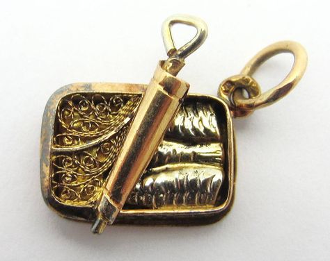 Sardines in a Can 19k Two Tone Gold Filigree Charm Portugal Sardinhas Sardine Tin, Gold Filigree, Gold Charm, Vintage Charms, Gold And Silver, Silver Charms, Charm Jewelry, Unique Vintage, Two Tone