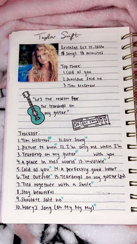 Taylor Swift Album Journal Ideas, Taylor Swift Album Journal, Taylor Swift Album Journal Page, Music Diary Ideas, Song Book Aesthetic, Taylor Swift Album Songs, Album Pages Ideas, Song Book Ideas, Taylor Swift Debut Drawing