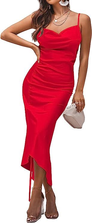 Amazon.com: LYANER Women's Satin Spaghetti Straps Cowl Neck Sexy Ruch Cocktail Midi Dresses Red X-Large : Clothing, Shoes & Jewelry Silk Prom Dress, Midi Cocktail Dress, Dresses Red, Red Midi Dress, Midi Dresses, Night Dress, Silk Dress, Cowl Neck, Prom Dress