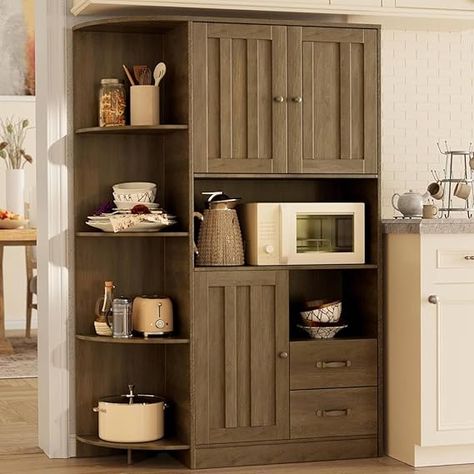 Gizoon 60.4" Farmhouse Kitchen Pantry Storage Cabinet with Doors and Adjustable Shelves, Large Kitchen Hutch with Drawers, Freestanding Cupboard for Dining Room, Living Room, Retro  #homedesign #homedecor #housedesign #housedecor #room #roomdecor #roomdesign #interior #design #home #house #furniture #decor #bedroom #kitchen #livingroom Farmhouse Pantry Cabinets, Farmhouse Kitchen Pantry, Freestanding Pantry, Kitchen Hutch Cabinet, Types Of Kitchen Cabinets, Storage Cabinet With Doors, Modular Kitchen Cabinets, Kitchen Hutch, Pantry Storage Cabinet