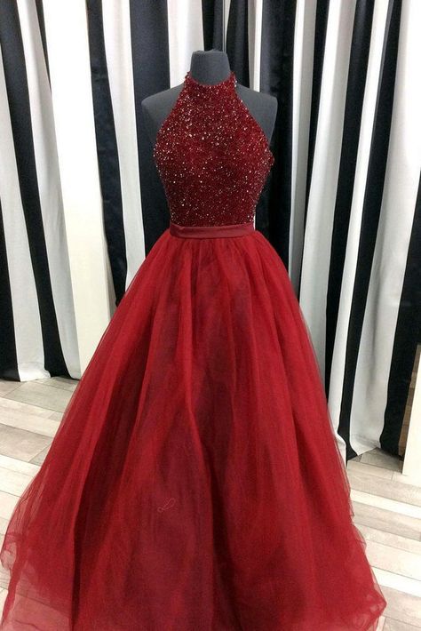 Winter Formal Dress, Prom Dress Halter, Prom Dress Ball Gown, Eid Fashion, Top Prom Dresses, Ball Gown Prom Dress, Dress Beading, Burgundy Evening Dress, Halter Prom Dresses