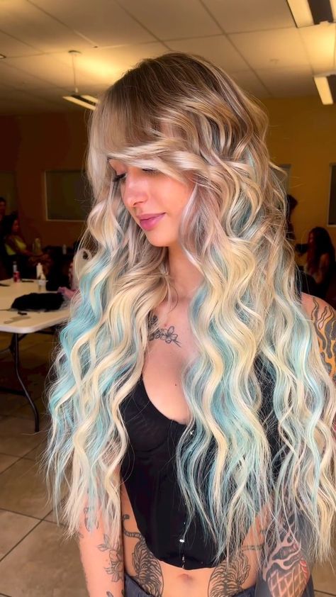 Lagoona Blue Hair Dye, Cute Ways To Dye Your Hair Blonde, Blue Hair Dye Ideas For Blondes, Blonde Hair With Blue Highlights Teal, Vivid Hair Color Underneath, Colorful Blonde Hair, Aquamarine Highlights Hair, Blonde Hair With Light Blue Highlights, Blonde With Teal Highlights