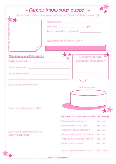 About Me Template, Character Sheet Template, Puppy Time, Pet Spaces, Pink Puppy, Yes Or No Questions, Space Activities, Sleeping Puppies, Dog Brain