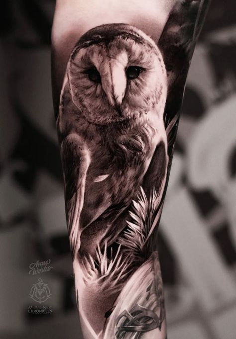 White Owl Tattoo, Owl Eye Tattoo, Barn Owl Tattoo, Realistic Owl Tattoo, Owl Tattoo Sleeve, Owl Tattoo Drawings, Black White Tattoos, Owl Tattoo Design, Nautical Tattoo