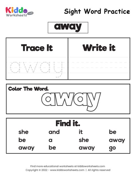 Free Printable Sight Word Practice away Worksheet - kiddoworksheets Phonics Worksheets Free, Sight Words Printables, Teaching Sight Words, Homeschool Preschool Activities, Practice Reading, Sight Word Worksheets, Flashcards For Kids, Sight Word Practice, Sight Word Activities