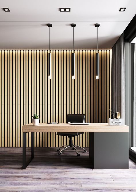 Office Slat Wall Design, Panel Office Wall, Wall Panel Office, Minimalist Porch, Vertical Slats Wall, Wall Slats, Wood Wall Design, Interior Ceiling, Interior Ceiling Design