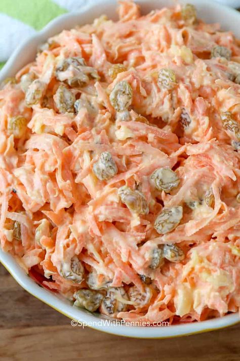 Homemade carrot salad is one of our go-to salad recipes for potlucks. It's an easy, classic, and make ahead side dish! #spendwithpennies #carrotsalad #carrots #carrot #salad #sidedish #classiccarrotsalad Best Carrot Recipe, Classic Coleslaw Recipe, Moroccan Carrot Salad, Broccoli Pasta Salads, Carrot Raisin Salad, Classic Tuna Salad, Carrot Salad Recipes, Pineapple Salad, Cranberry Salad