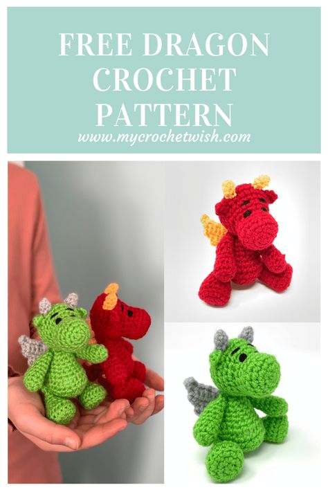 Crocheted Stuffed Animals, Dragon Crochet Pattern, Crochet Dinosaur Patterns, Dragon Crochet, Crochet Dragon Pattern, Crochet Toys Free, Cute Dragon, Crochet Dinosaur, Crochet Dragon