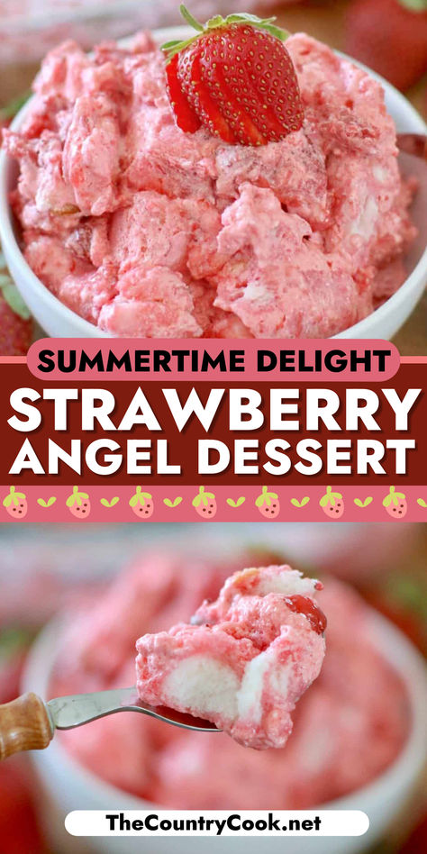 This Strawberry Angel Dessert uses store bought angel food cake, Jell-O, frozen strawberries and Cool Whip to make the best summer dessert! Dessert Using Frozen Strawberries, Strawberry Angel Food Cake Dessert Easy, Homemade Angel Food Cake Recipes, Pink Stuff Dessert, Strawberries And Cool Whip, Strawberry Angel Food Cake Dessert, Frozen Strawberry Desserts, Dessert No Bake, Salad Strawberry