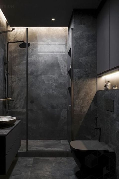 All Black Bathroom, Bathroom Interior Design Luxury, Moody Bathroom, Dark Bathroom Ideas, Bathroom Interior Design Modern, Bathroom Design Black, Luxury Master Bathrooms, Dark Bathrooms, Dark Modern