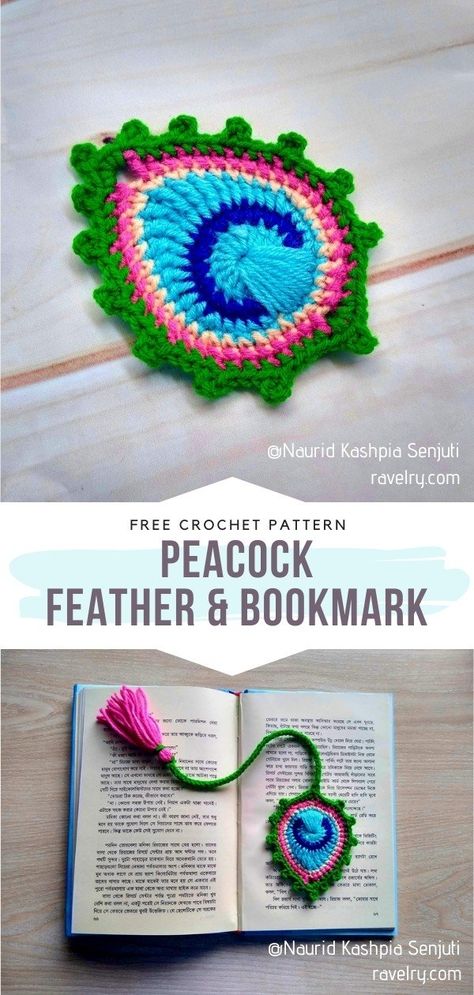 Absolutely Enchanting Crochet Feathers with Free Patterns Crochet Peacock Feather Free Pattern, Peacock Feather Bookmark, Crochet Peacock Feather, Crochet Peacock, Crochet Bookmarks Free Patterns, Easy Crochet Bookmarks, Peacock Crochet, Crochet Feather, Feather Bookmark