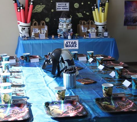 Star Wars Birthday Party Decor Reveal and Party Wrap Up by ilovedoingallthingscrafty.com Star Wars Party Table, Darth Vader Pinata, Star Wars Theme Party, Jedi Training, Happy 8th Birthday, Making Cake, Star Wars Birthday Party, Plastic Table Covers, The End Game